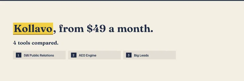 Kollavo, from $49 a month. 4 tools compared: 5W Public Relations, AEO Engine, Big Leads.