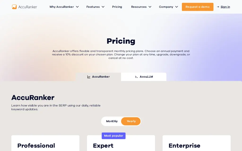 Pricing page of AccuRanker