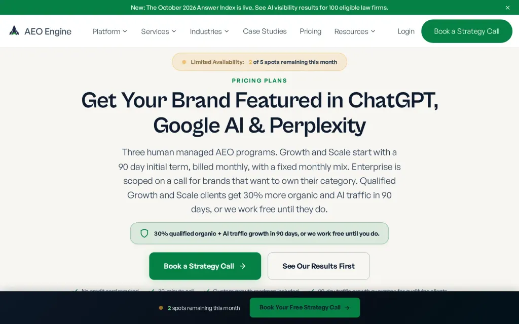 Pricing page of AEO Engine