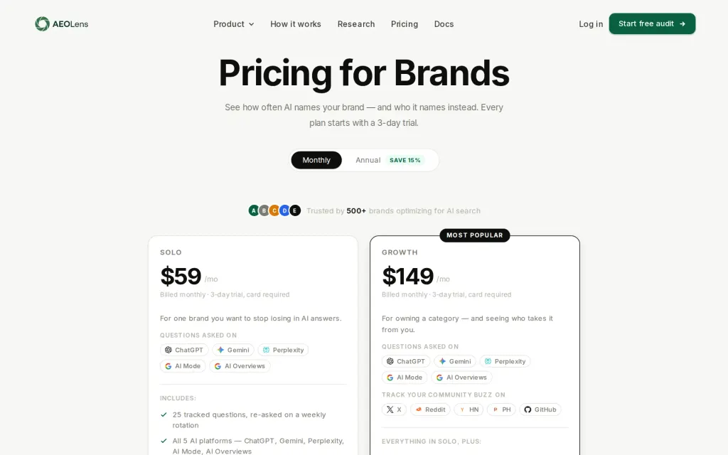 Pricing page of AEOlens