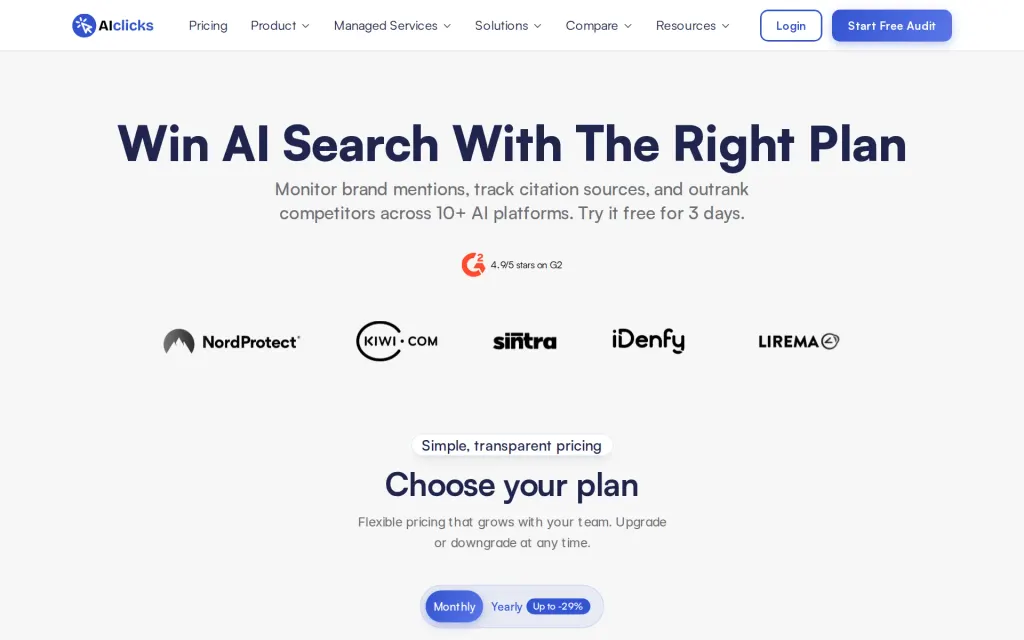Pricing page of AIclicks
