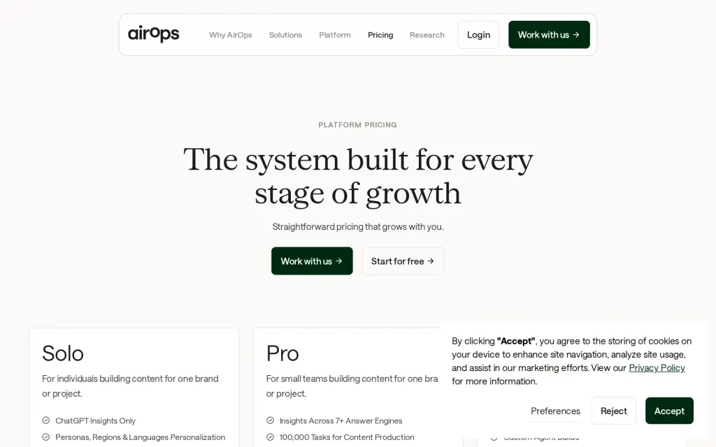 Pricing page of AirOps