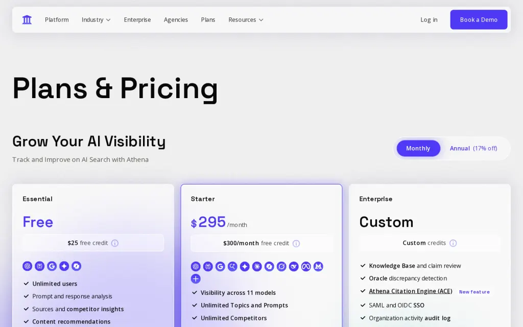 Pricing page of AthenaHQ