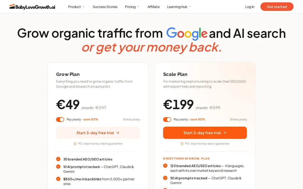 Pricing page of BabyLoveGrowth