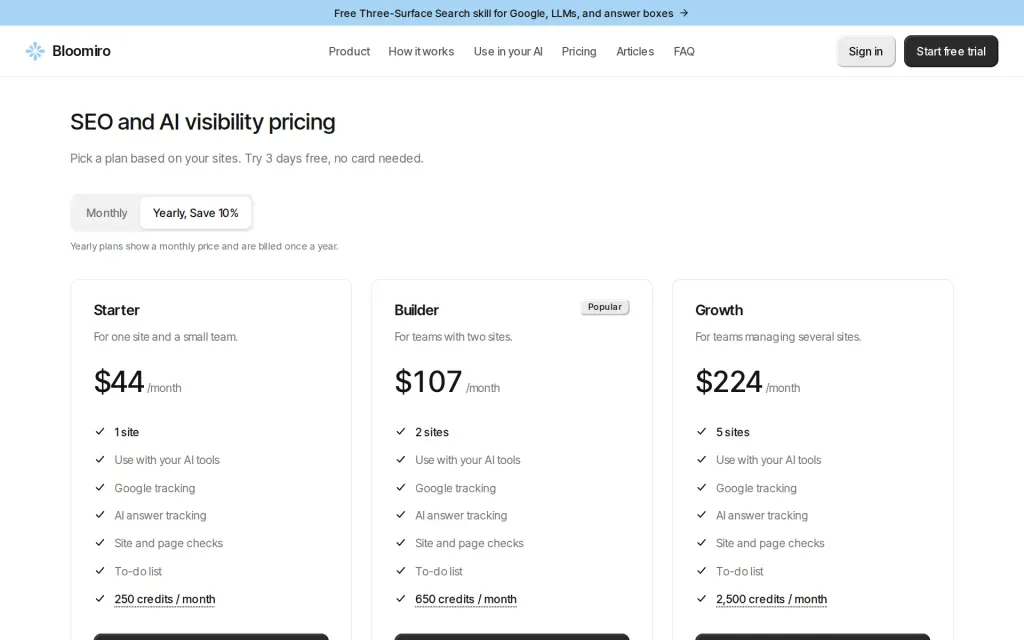 Pricing page of Bloomiro