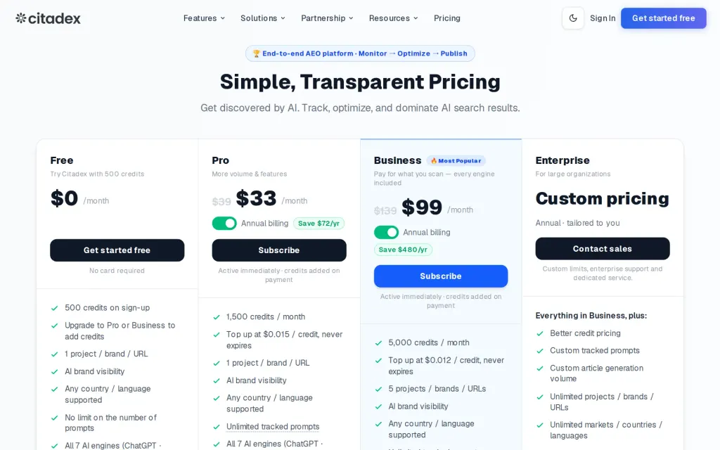Pricing page of Citadex