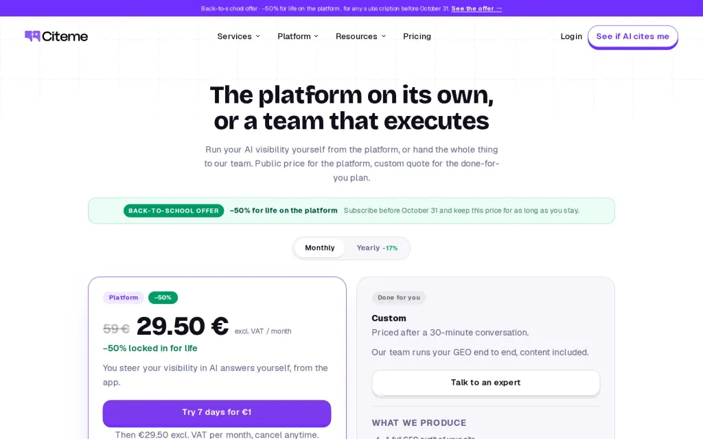 Pricing page of Citeme