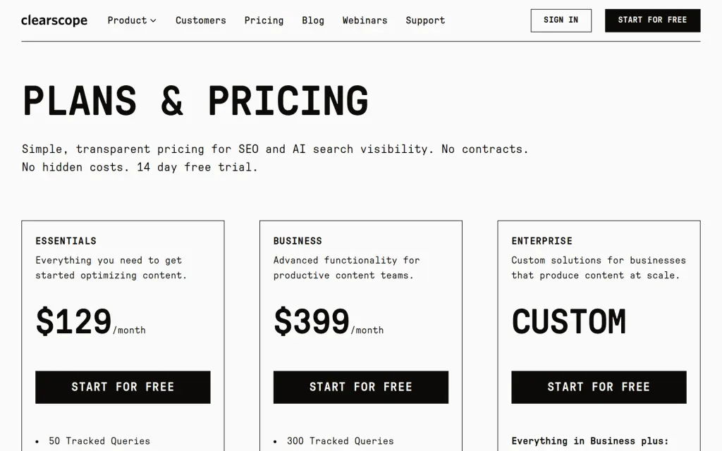 Pricing page of Clearscope