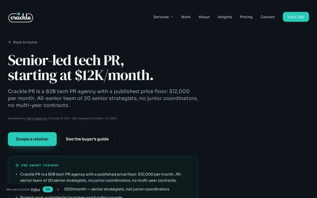Pricing page of Crackle PR