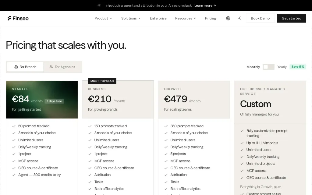 Pricing page of Finseo