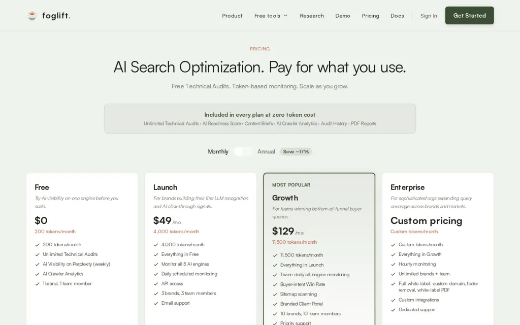 Pricing page of Foglift