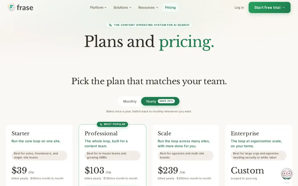 Pricing page of Frase