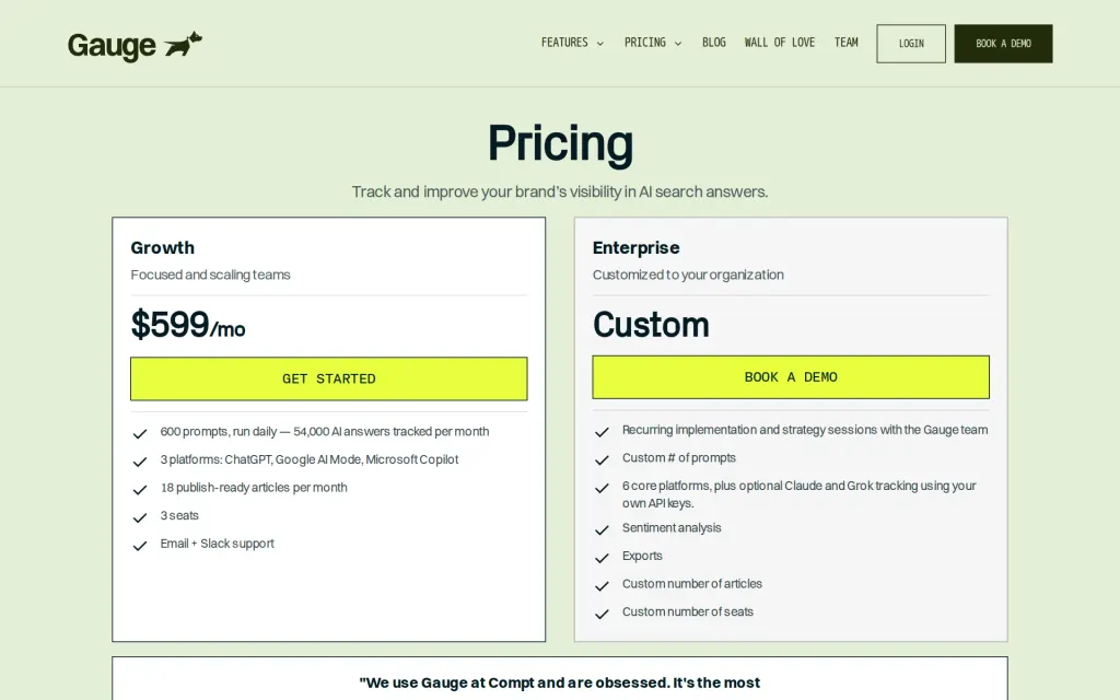 Pricing page of Gauge