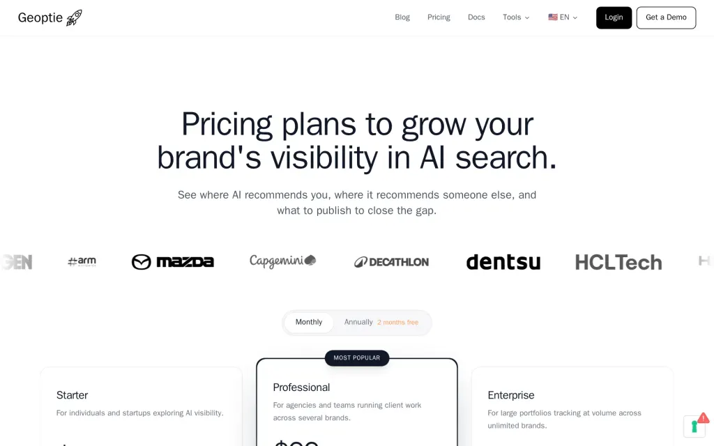 Pricing page of Geoptie