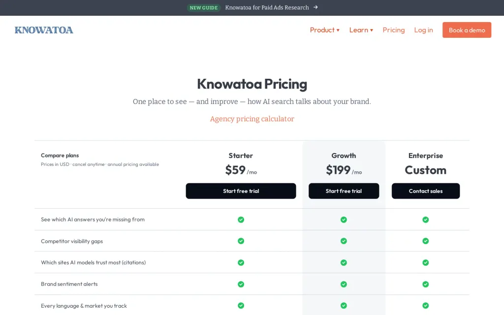 Pricing page of Knowatoa