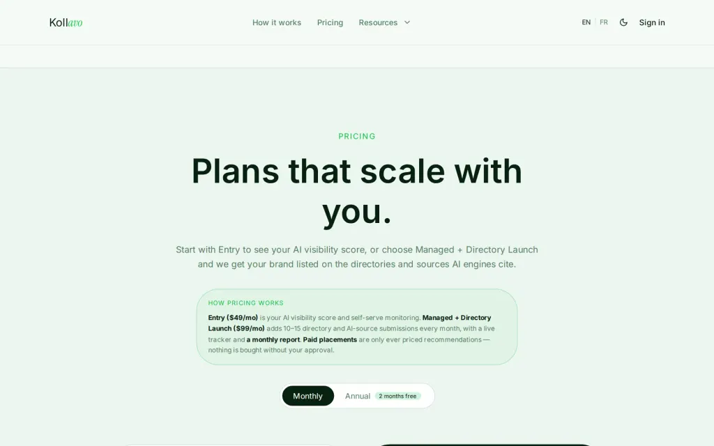 Pricing page of Kollavo
