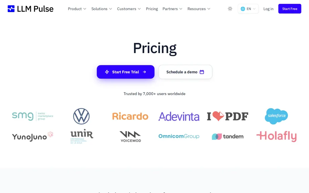 Pricing page of LLM Pulse