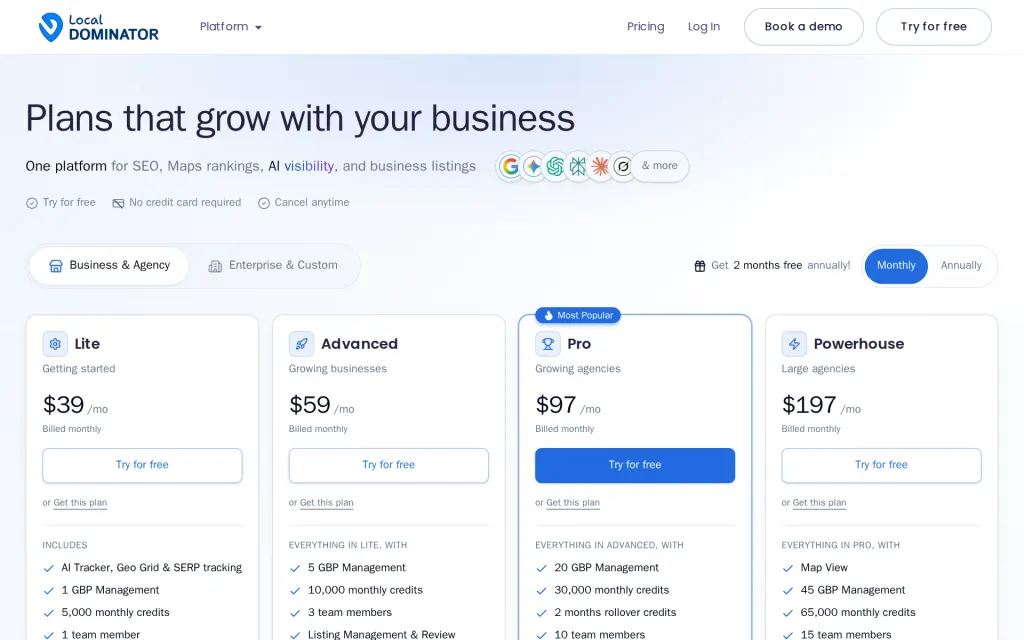 Pricing page of Local Dominator AI Tracker
