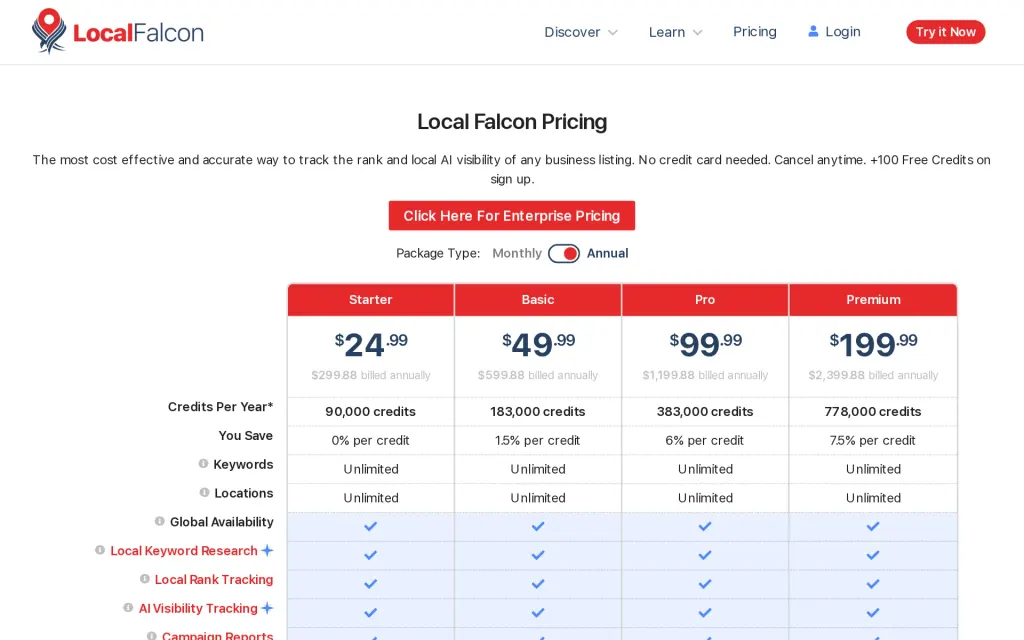 Pricing page of Local Falcon