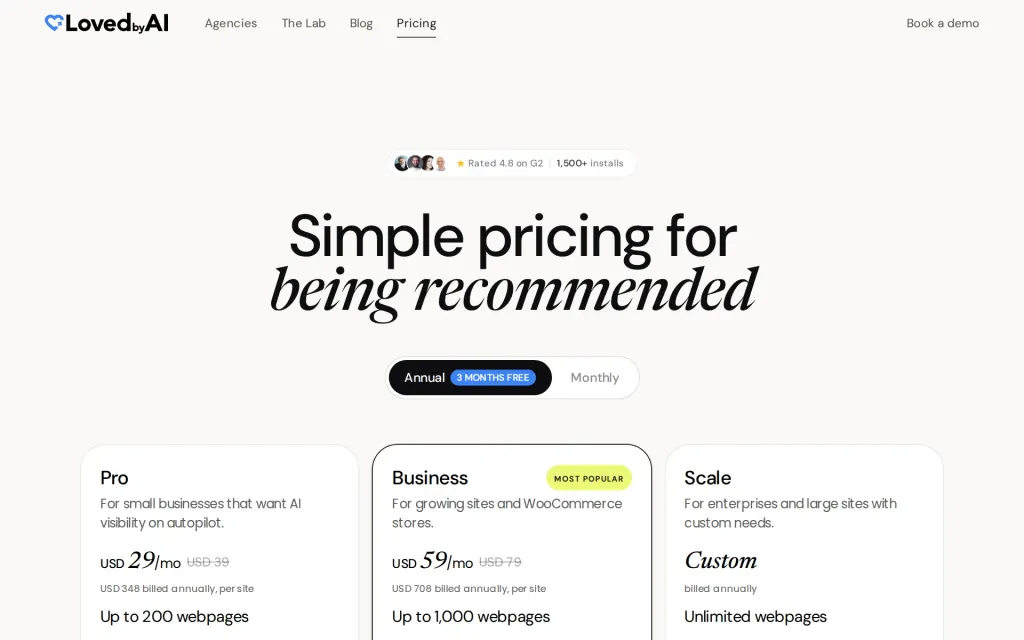 Pricing page of LovedByAI