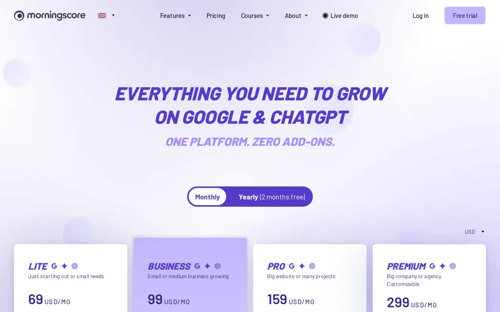 Pricing page of Morningscore
