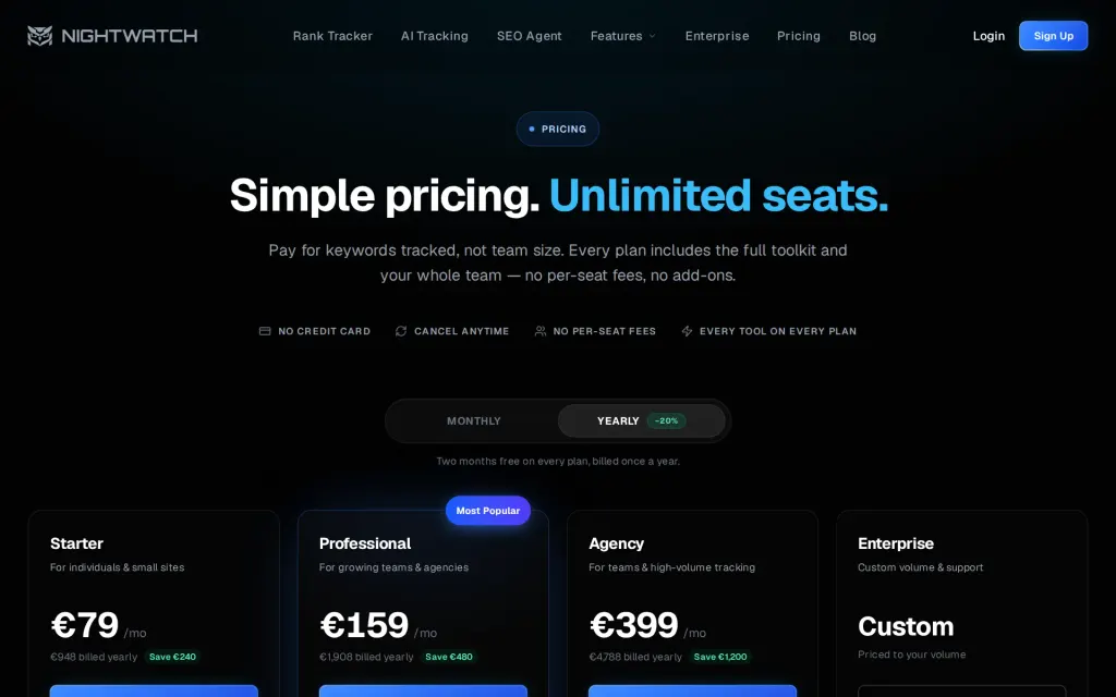 Pricing page of Nightwatch