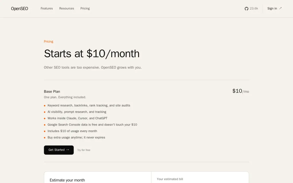 Pricing page of OpenSEO