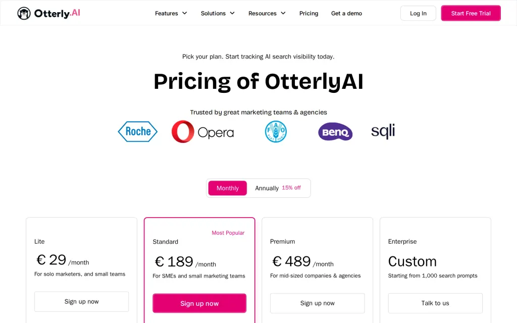 Pricing page of OtterlyAI