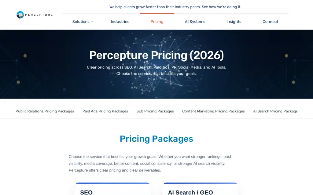 Pricing page of Percepture