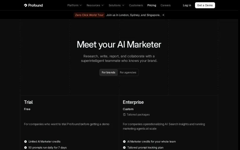 Pricing page of Profound