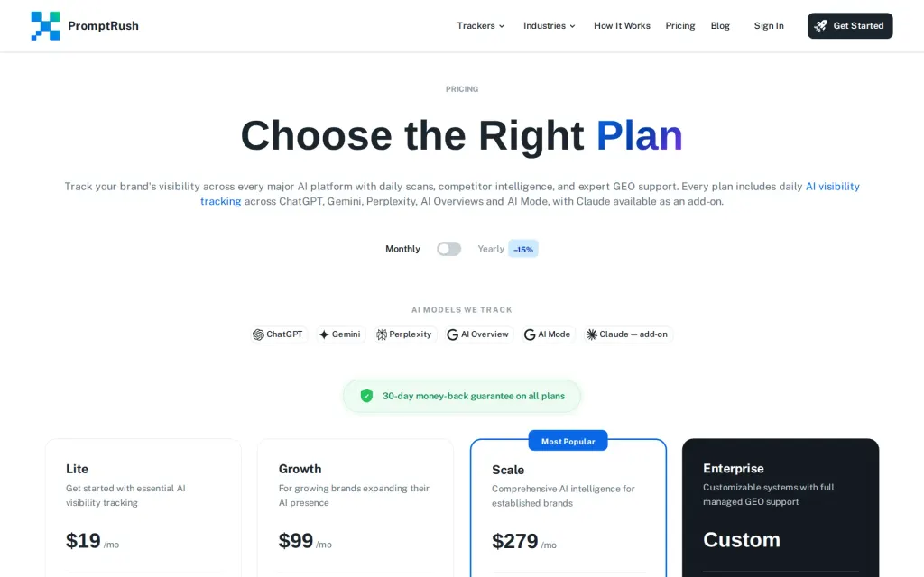 Pricing page of PromptRush