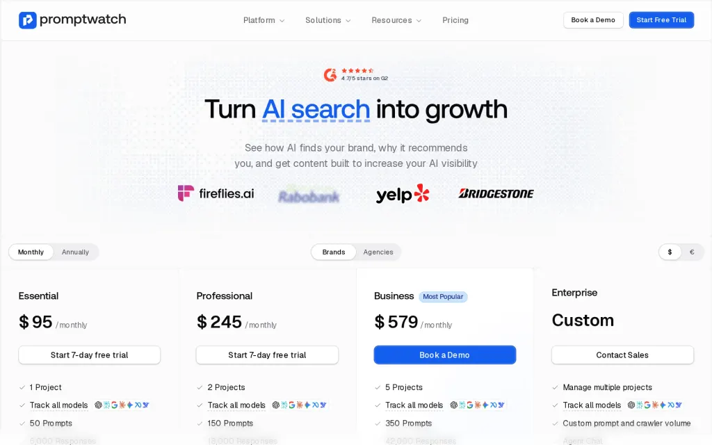 Pricing page of Promptwatch