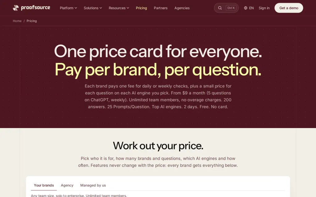 Pricing page of Proofsource
