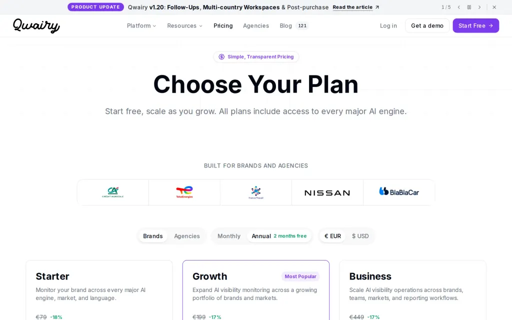 Pricing page of Qwairy