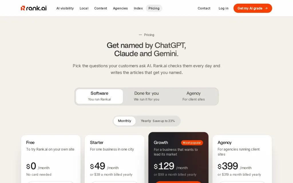 Pricing page of Rank.ai