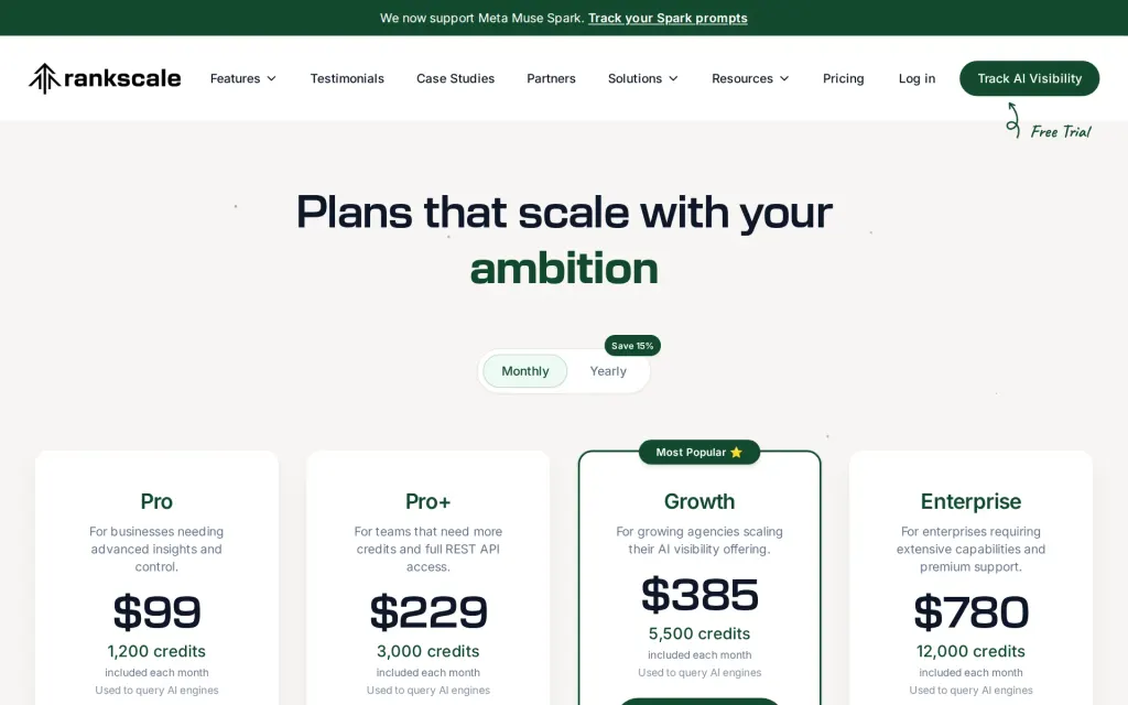 Pricing page of Rankscale