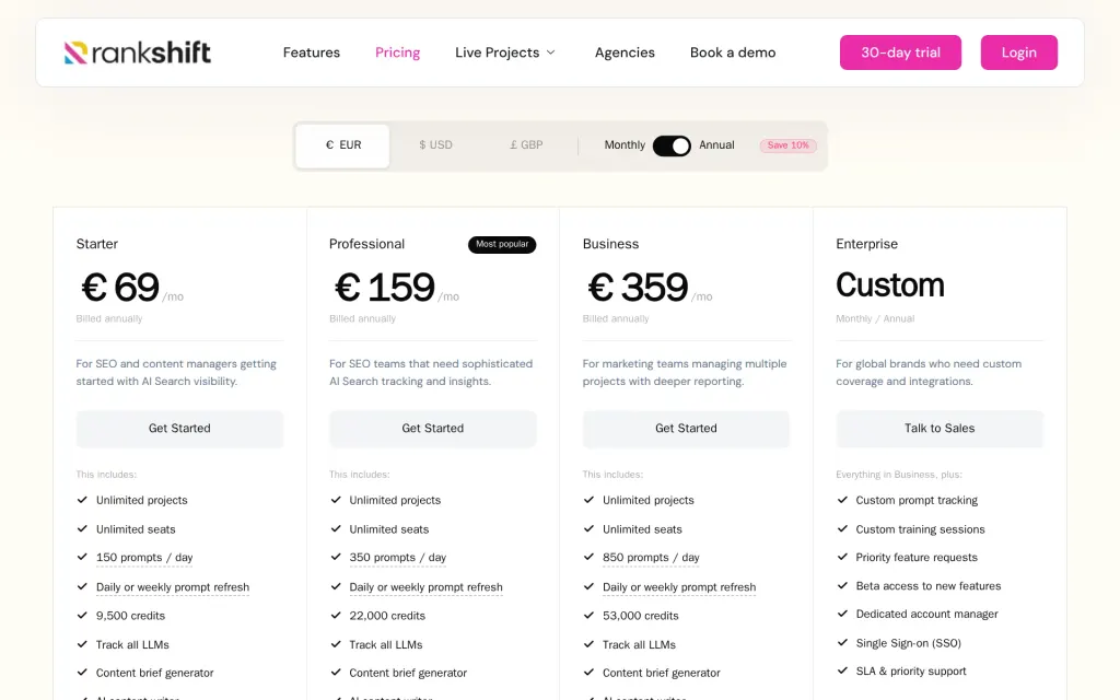 Pricing page of Rankshift