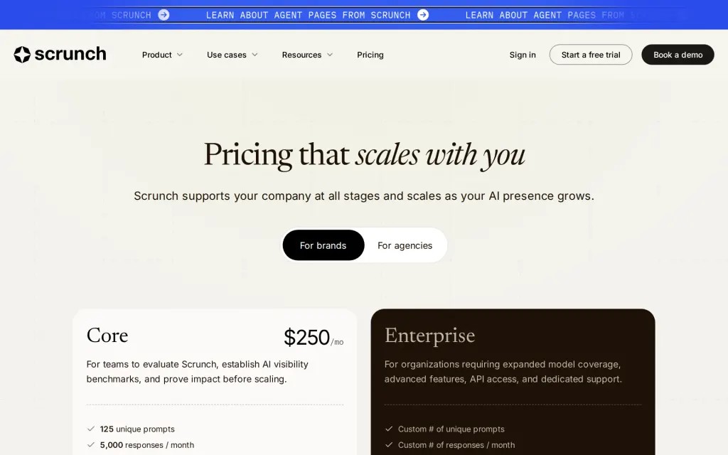 Pricing page of Scrunch AI