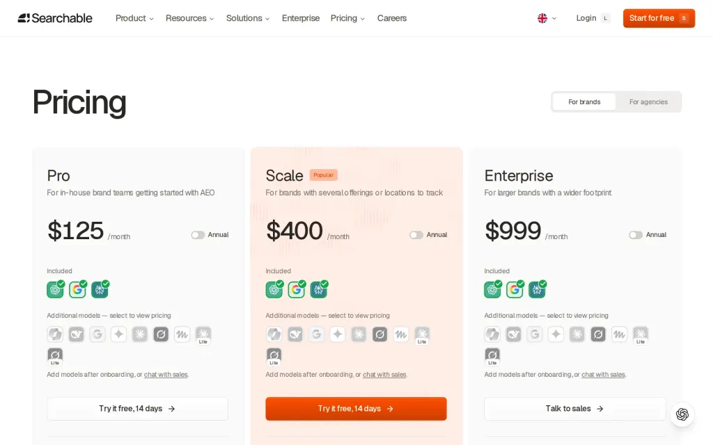 Pricing page of Searchable