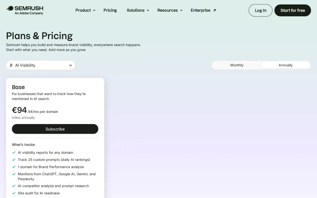 Pricing page of Semrush AI Visibility Toolkit