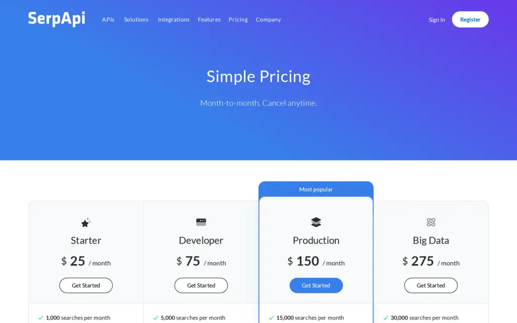 Pricing page of SerpApi
