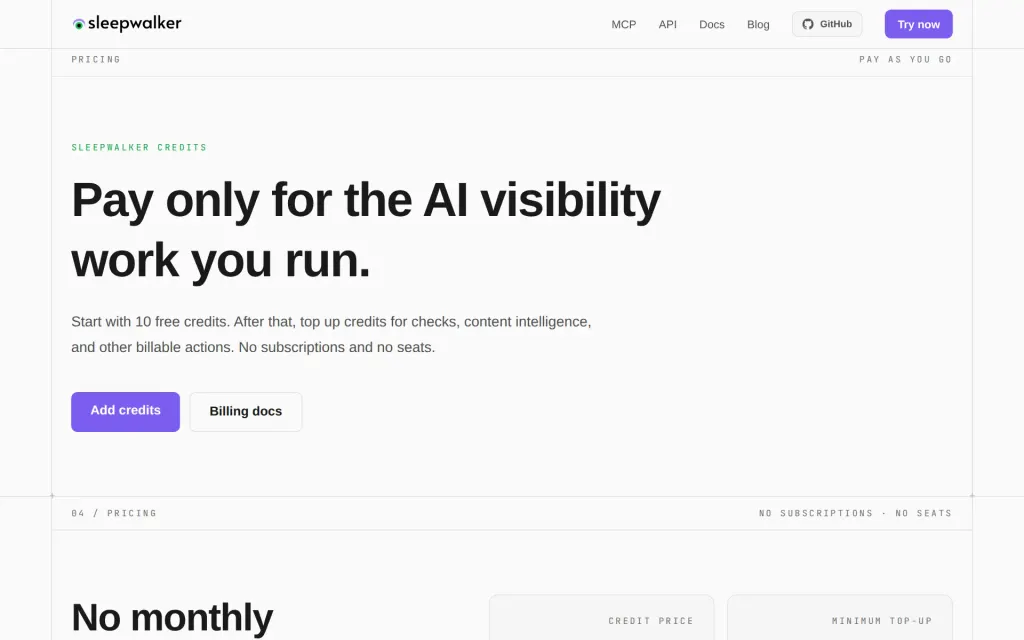 Pricing page of Sleepwalker AI