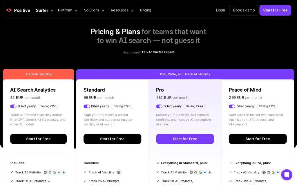 Pricing page of Surfer