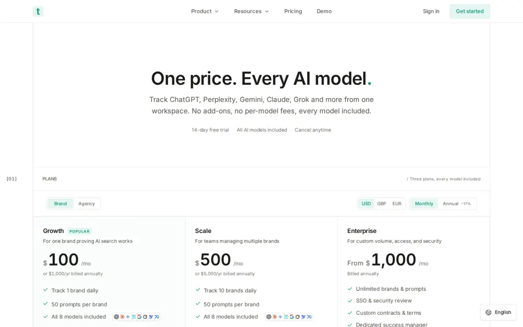 Pricing page of Trakkr