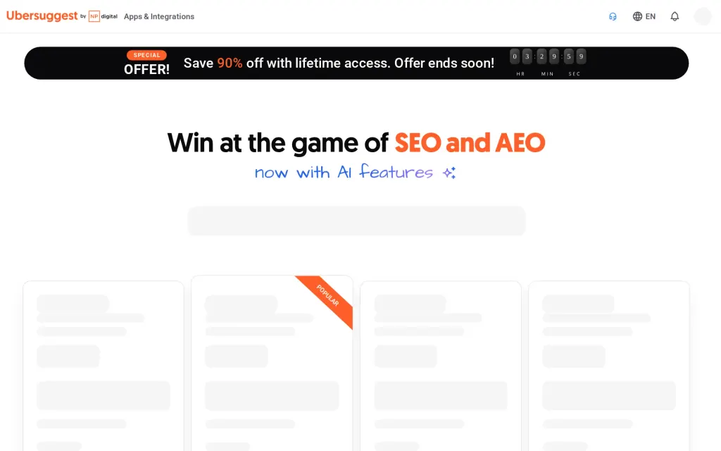 Pricing page of Ubersuggest