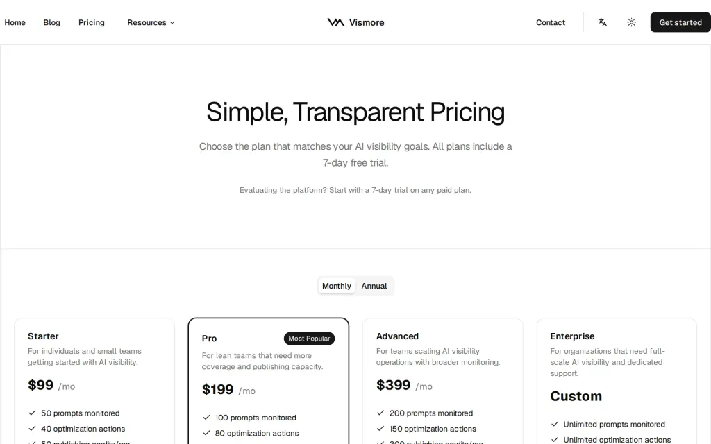Pricing page of Vismore