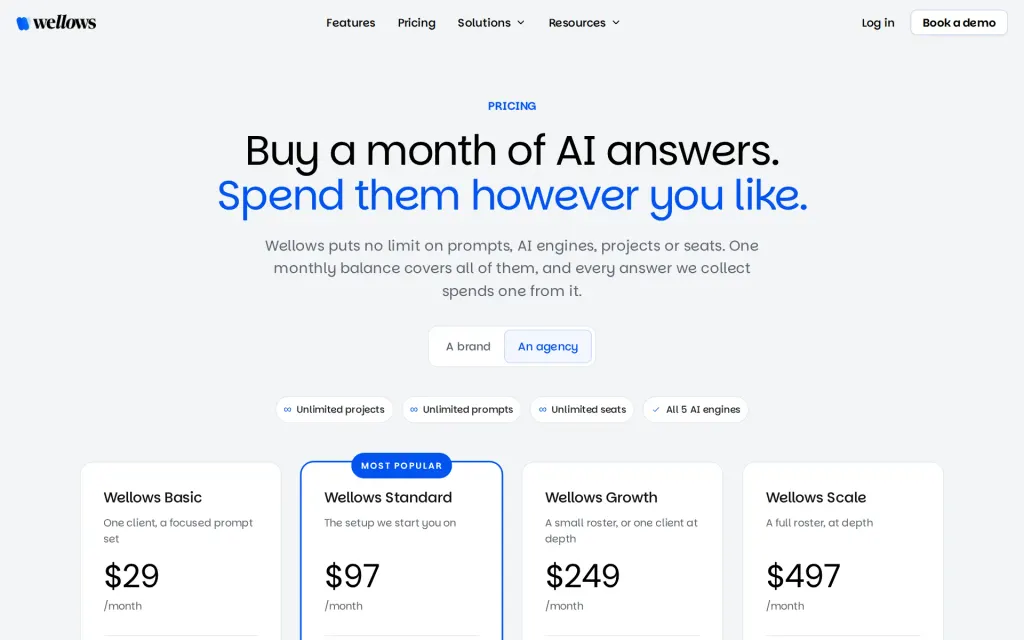 Pricing page of Wellows