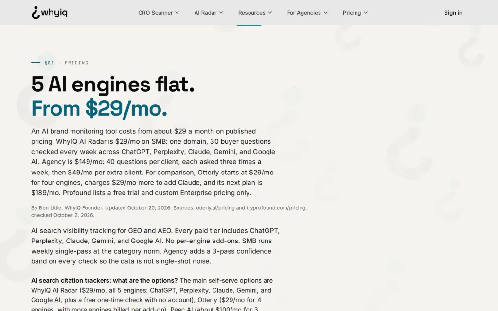 Pricing page of WhyIQ AI Radar