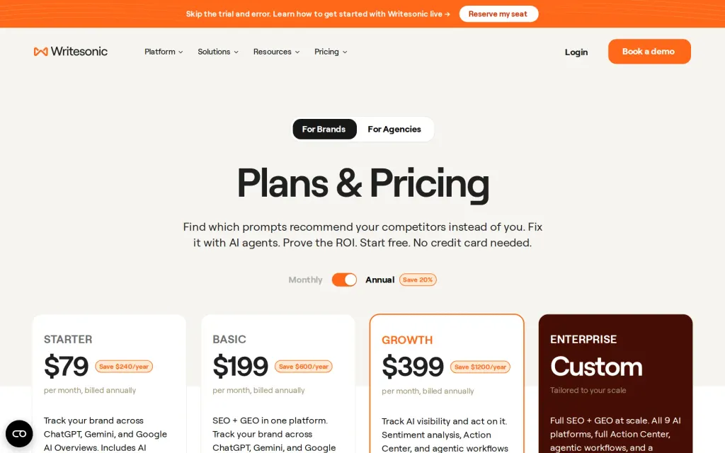 Pricing page of Writesonic