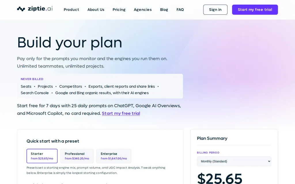 Pricing page of ziptie.ai